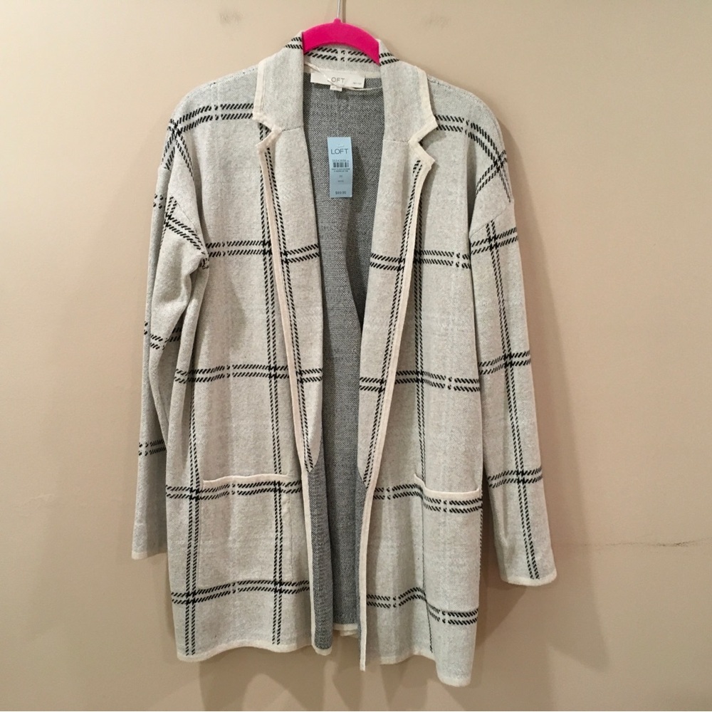 LOFT Sweater Open Cardigan Knit Top Plaid Cream Black Women M Petite New 760265